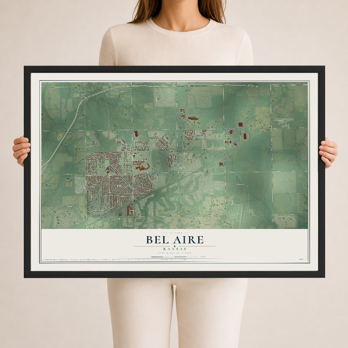 Map of Bel Aire, Kansas, 24 x 36 inch print in a black wood frame