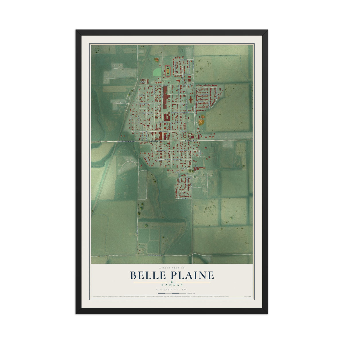 Map of Belle Plaine, Kansas, 12 x 18 inch print in a black wood frame