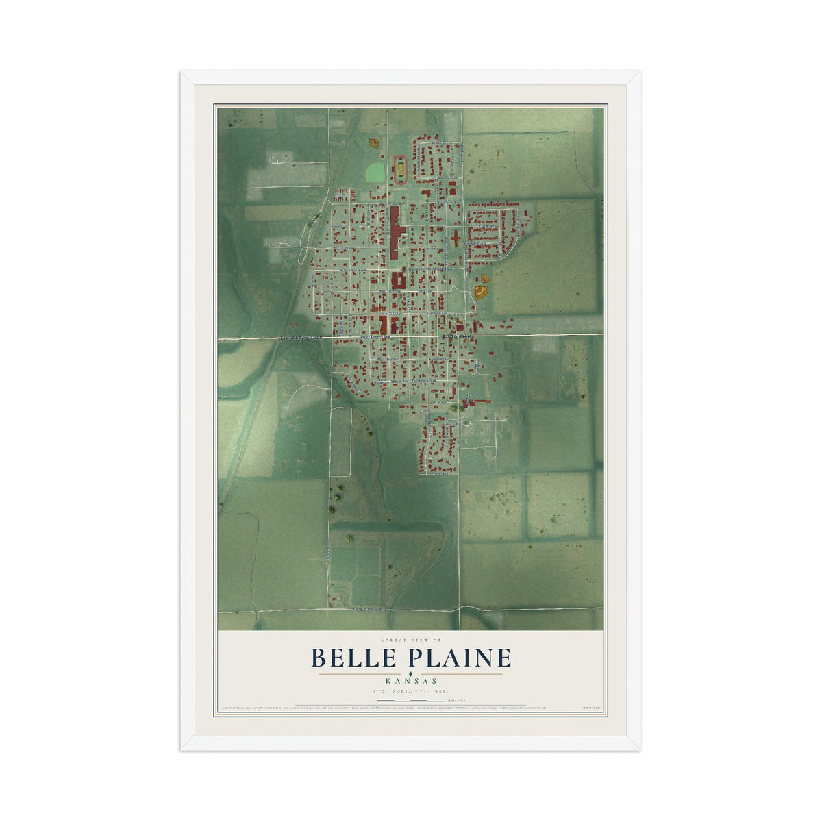 Map of Belle Plaine, Kansas, 12 x 18 inch print in a white wood frame