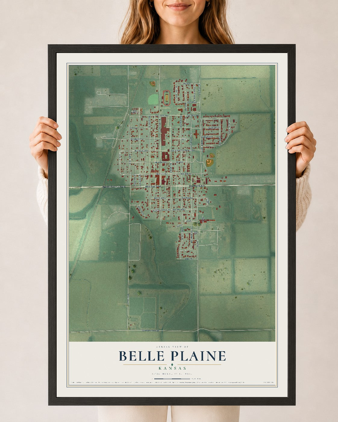 Map of Belle Plaine, Kansas, 24 x 36 inch print in a black wood frame