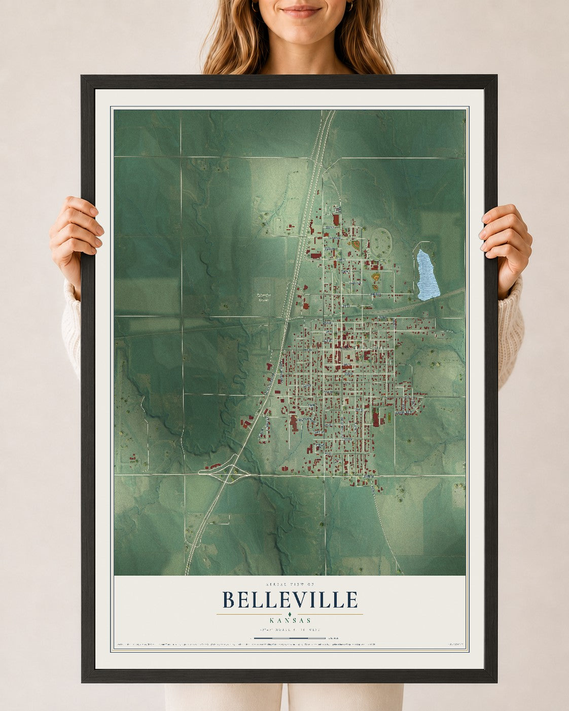 Map of Belleville, Kansas, 24 x 36 inch print in a black wood frame