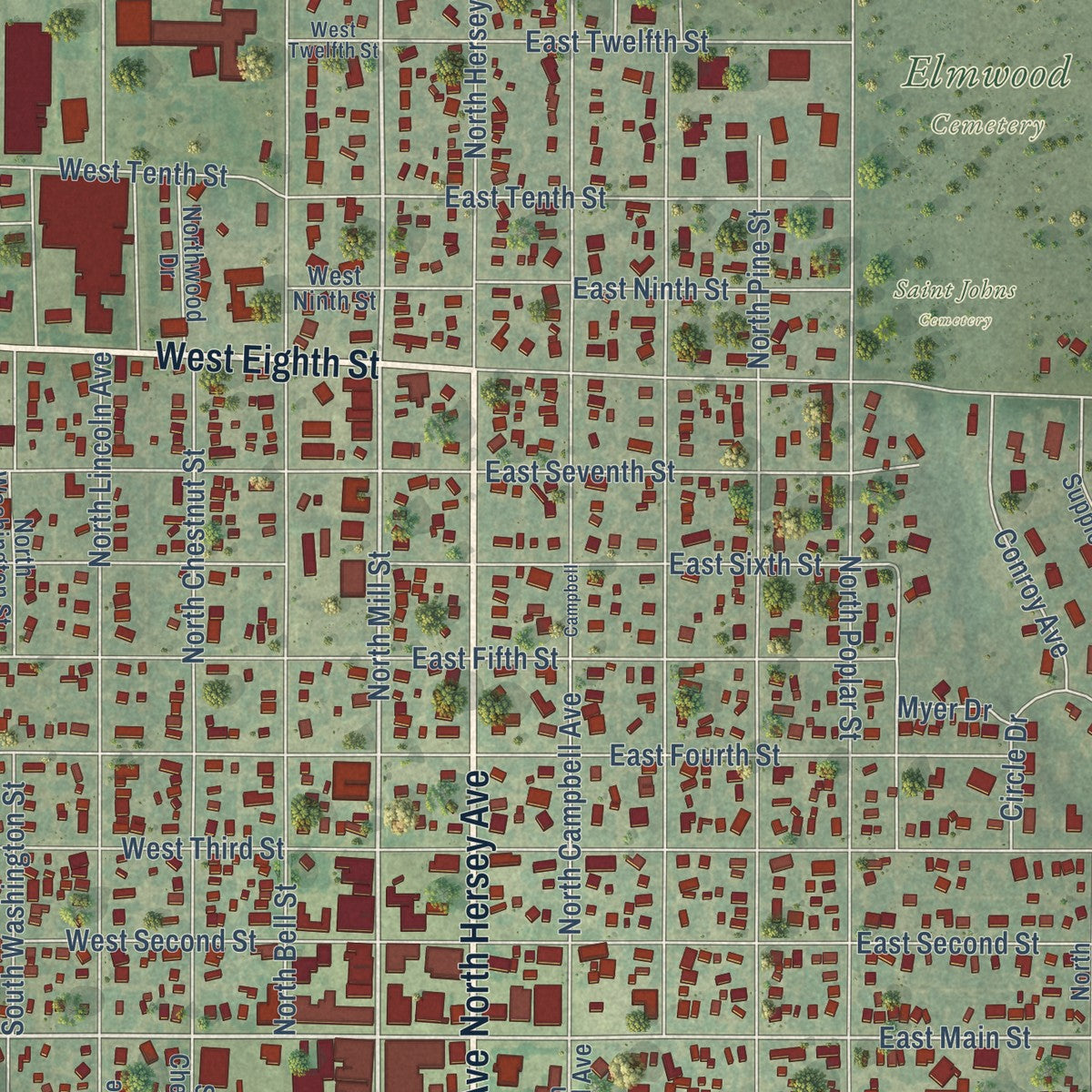 Close-up of the map of Beloit, Kansas print showing street and building detail