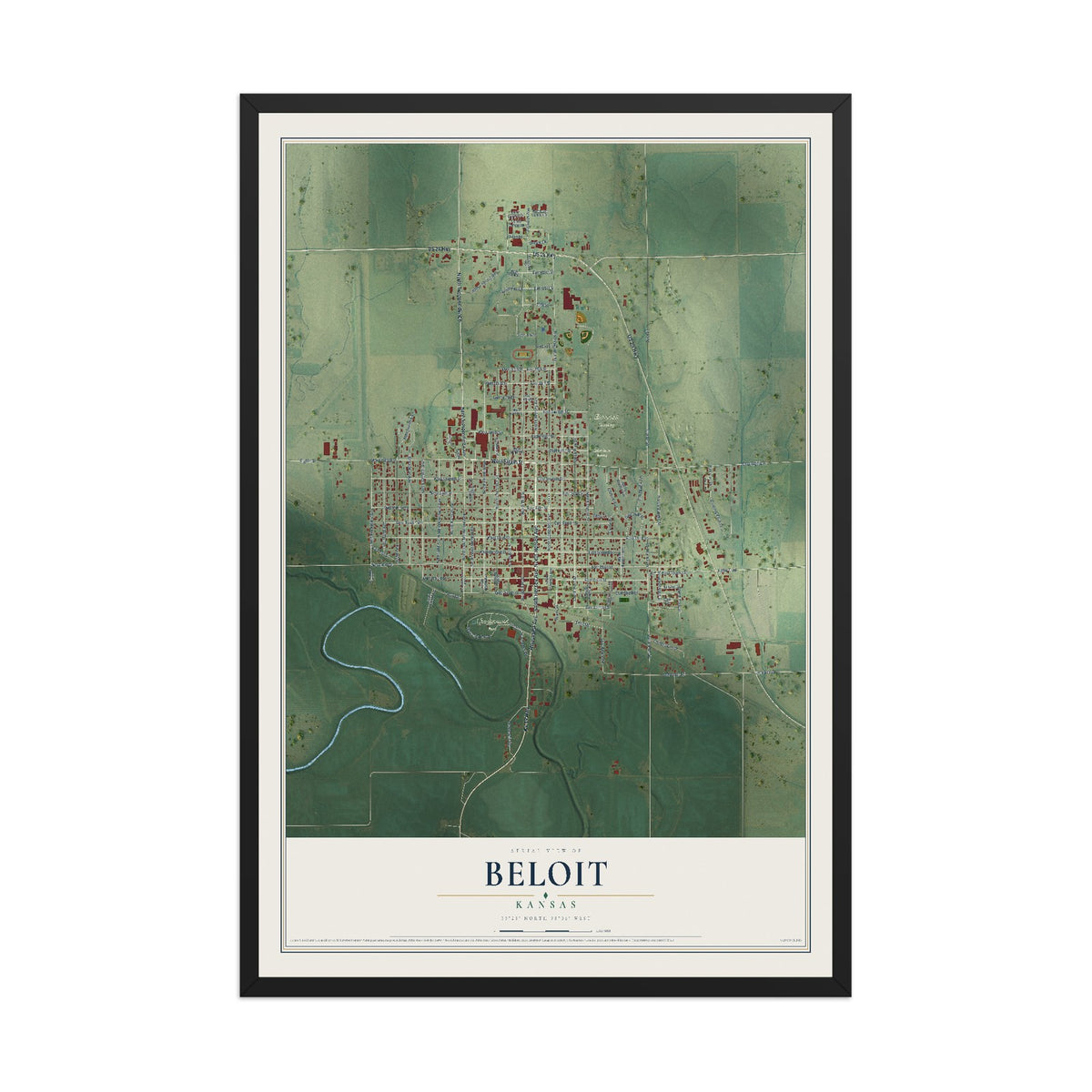 Map of Beloit, Kansas, 12 x 18 inch print in a black wood frame