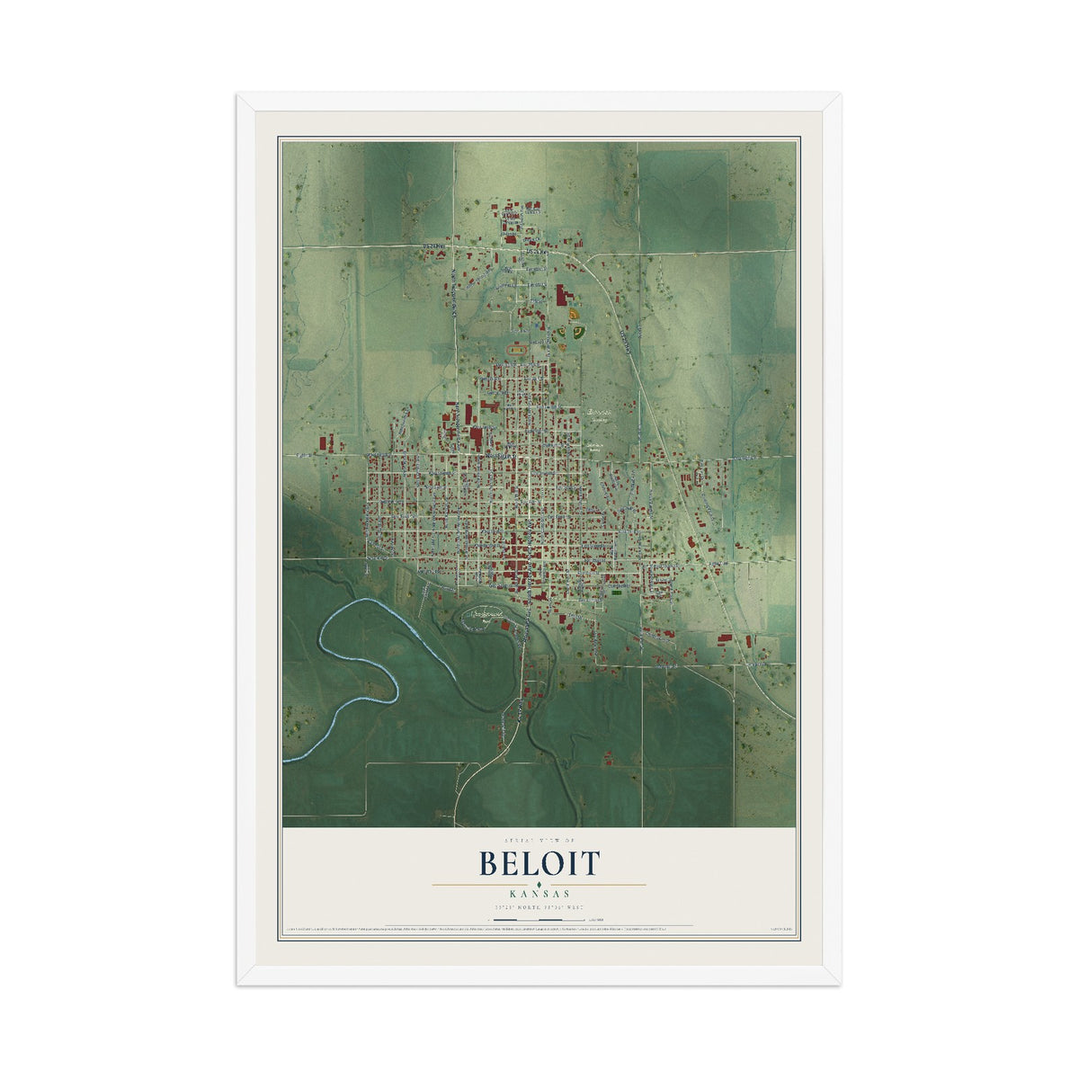 Map of Beloit, Kansas, 12 x 18 inch print in a white wood frame