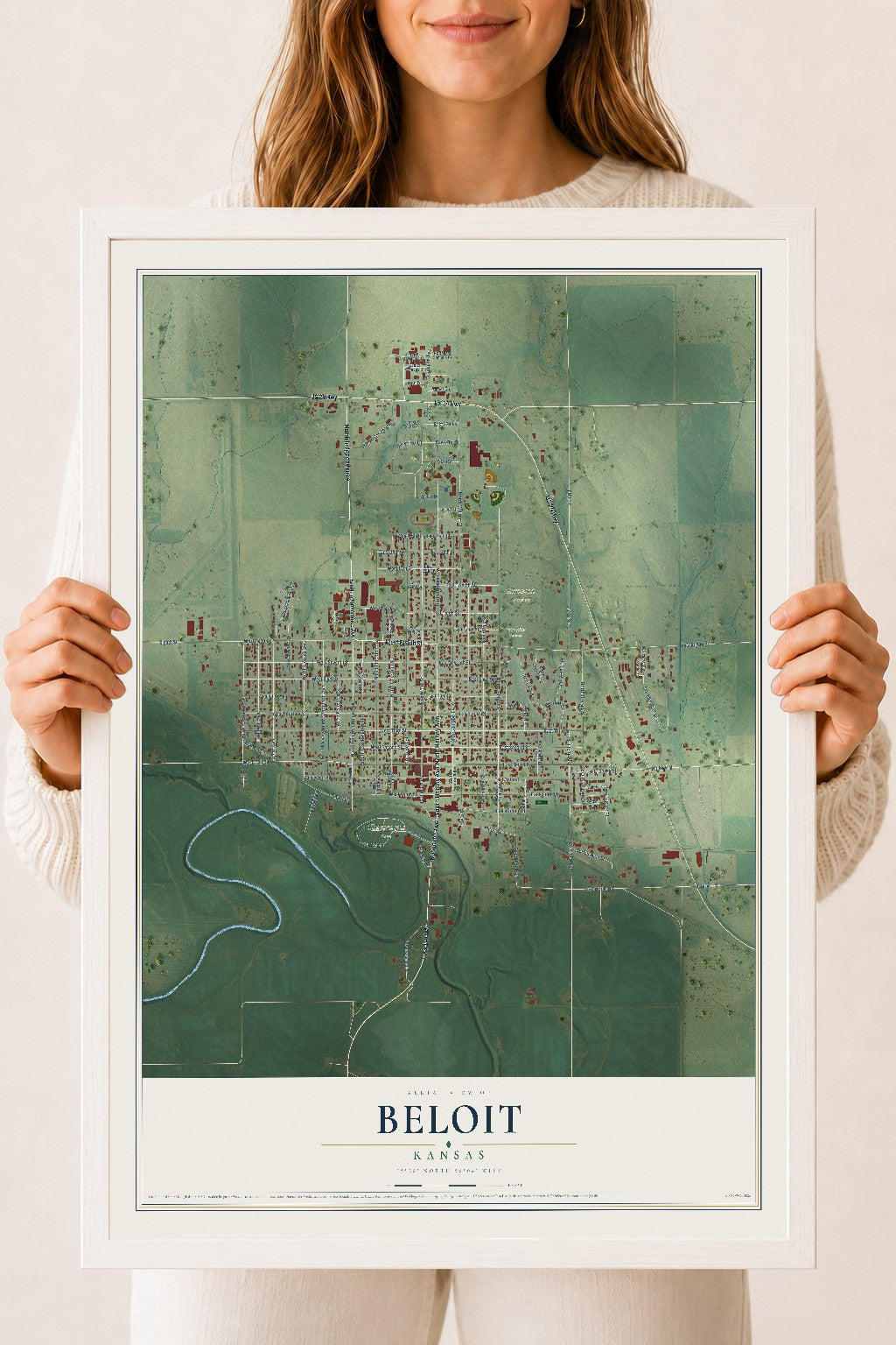 Map of Beloit, Kansas, 18 x 24 inch print in a white wood frame