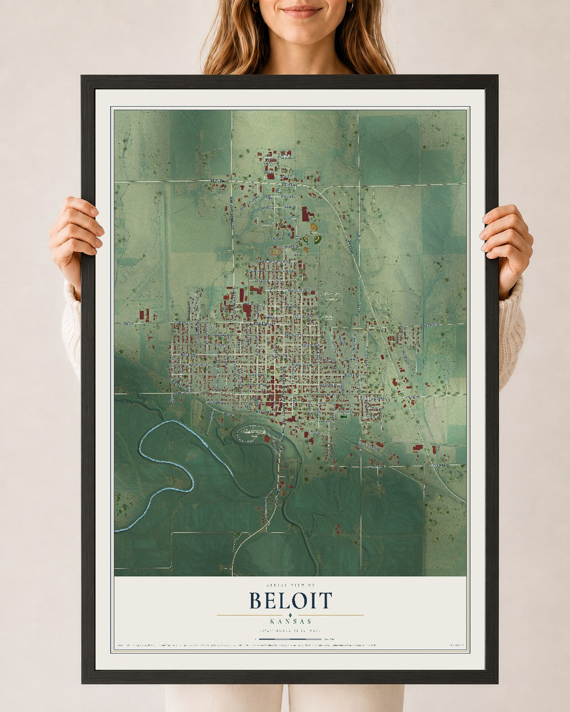 Map of Beloit, Kansas, 24 x 36 inch print in a black wood frame
