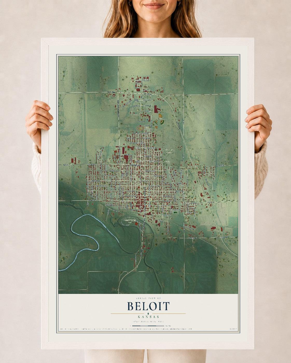 Map of Beloit, Kansas, 24 x 36 inch print in a white wood frame
