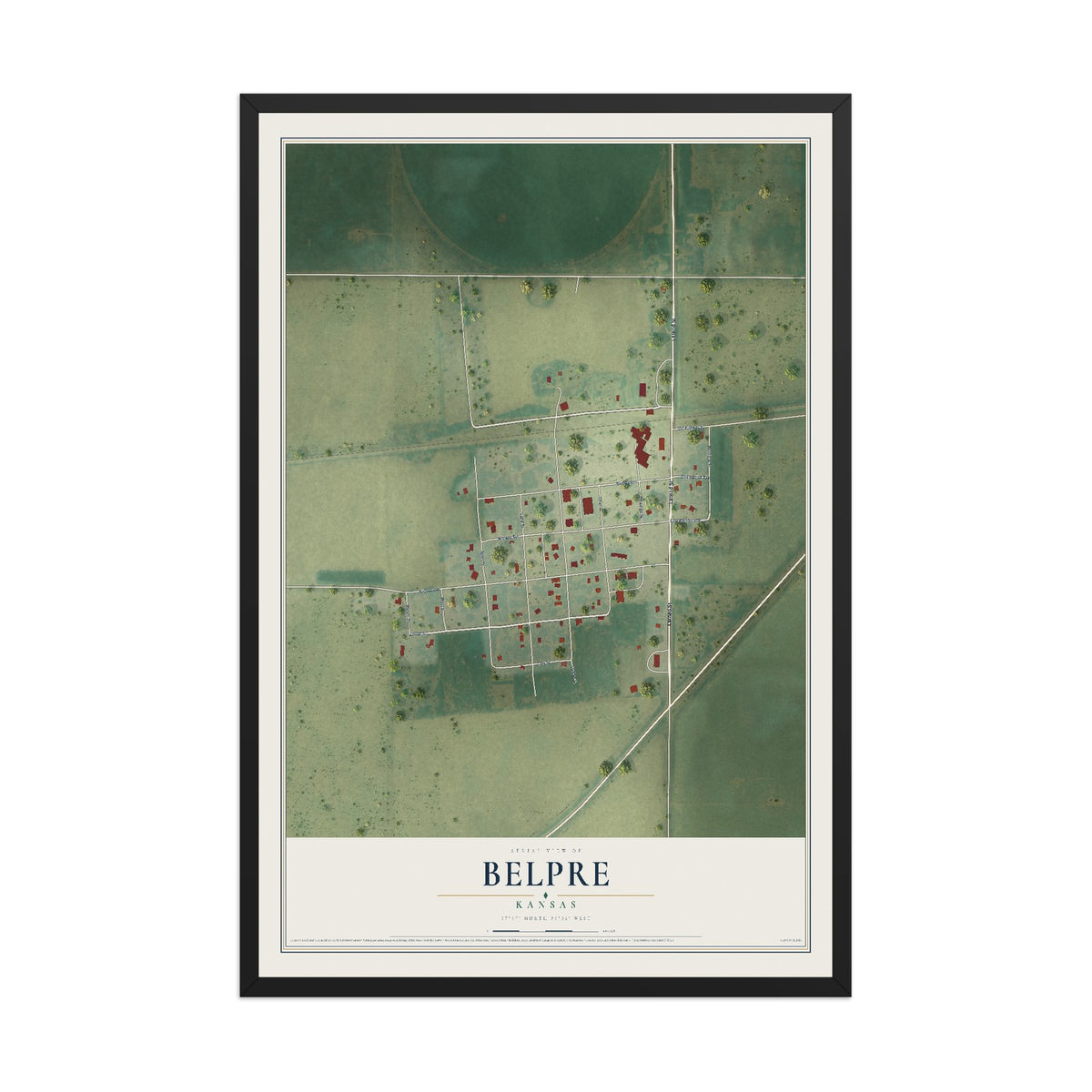 Map of Belpre, Kansas, 12 x 18 inch print in a black wood frame