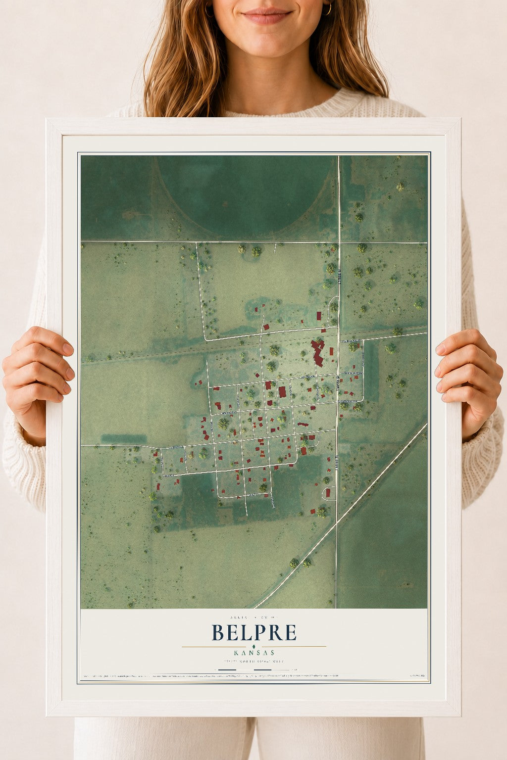 Map of Belpre, Kansas, 18 x 24 inch print in a white wood frame