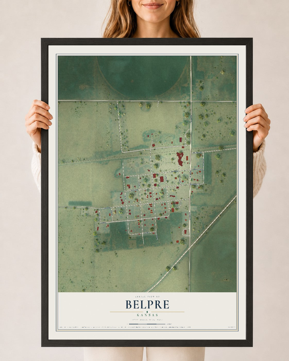 Map of Belpre, Kansas, 24 x 36 inch print in a black wood frame