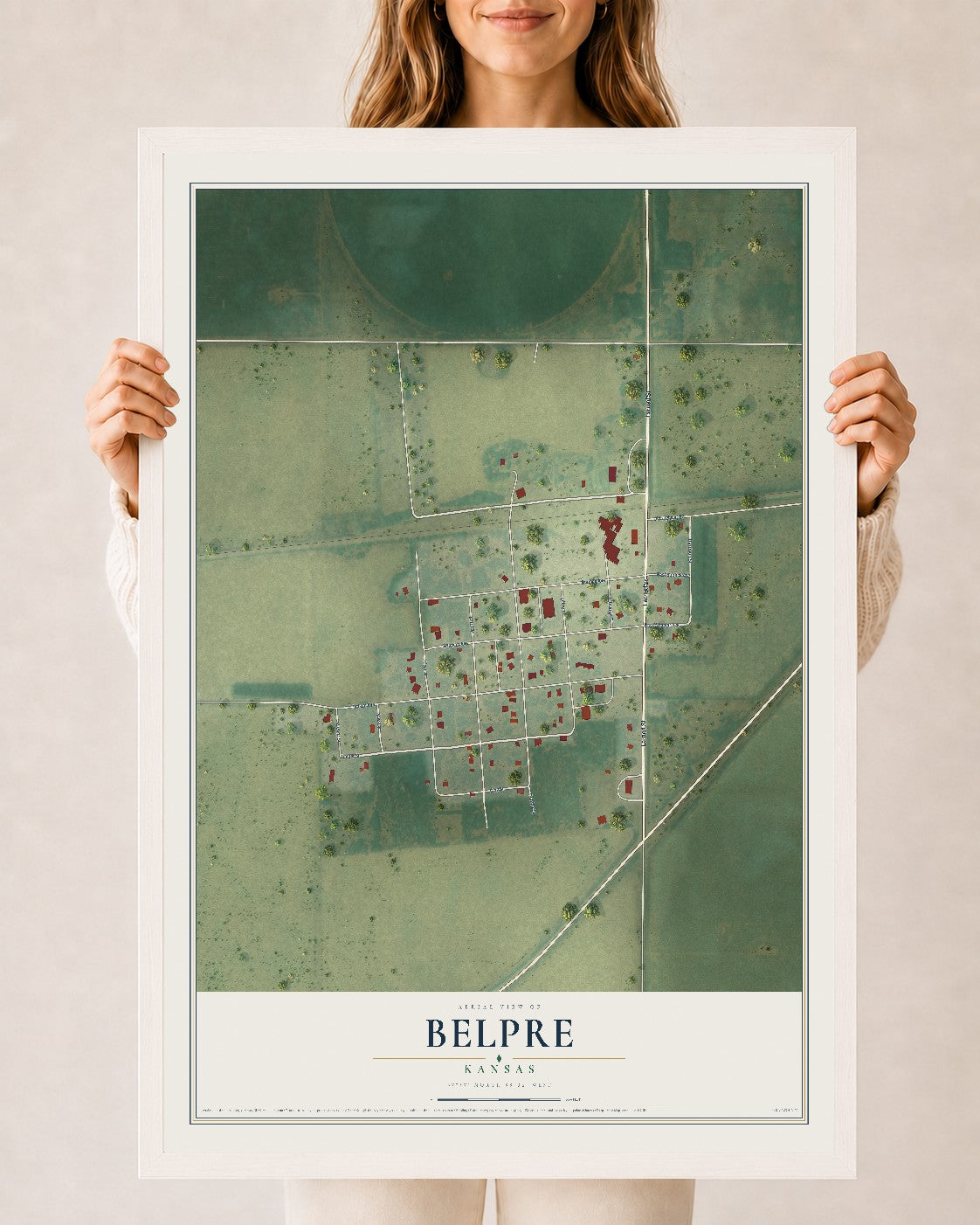 Map of Belpre, Kansas, 24 x 36 inch print in a white wood frame