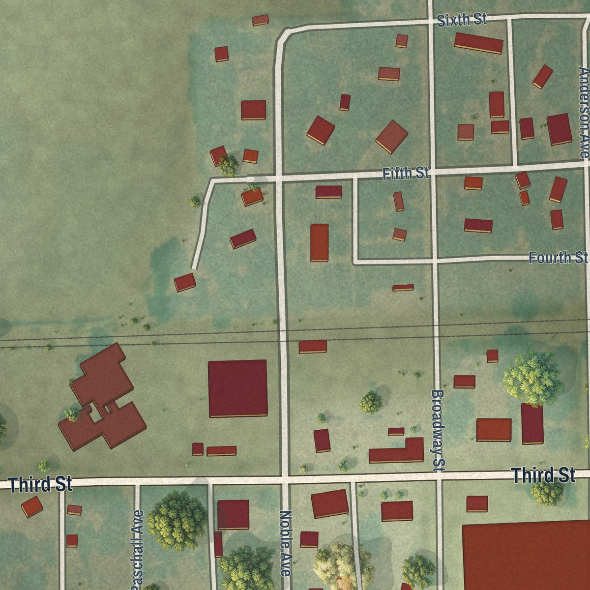 Close-up of the map of Belvue, Kansas print showing street and building detail