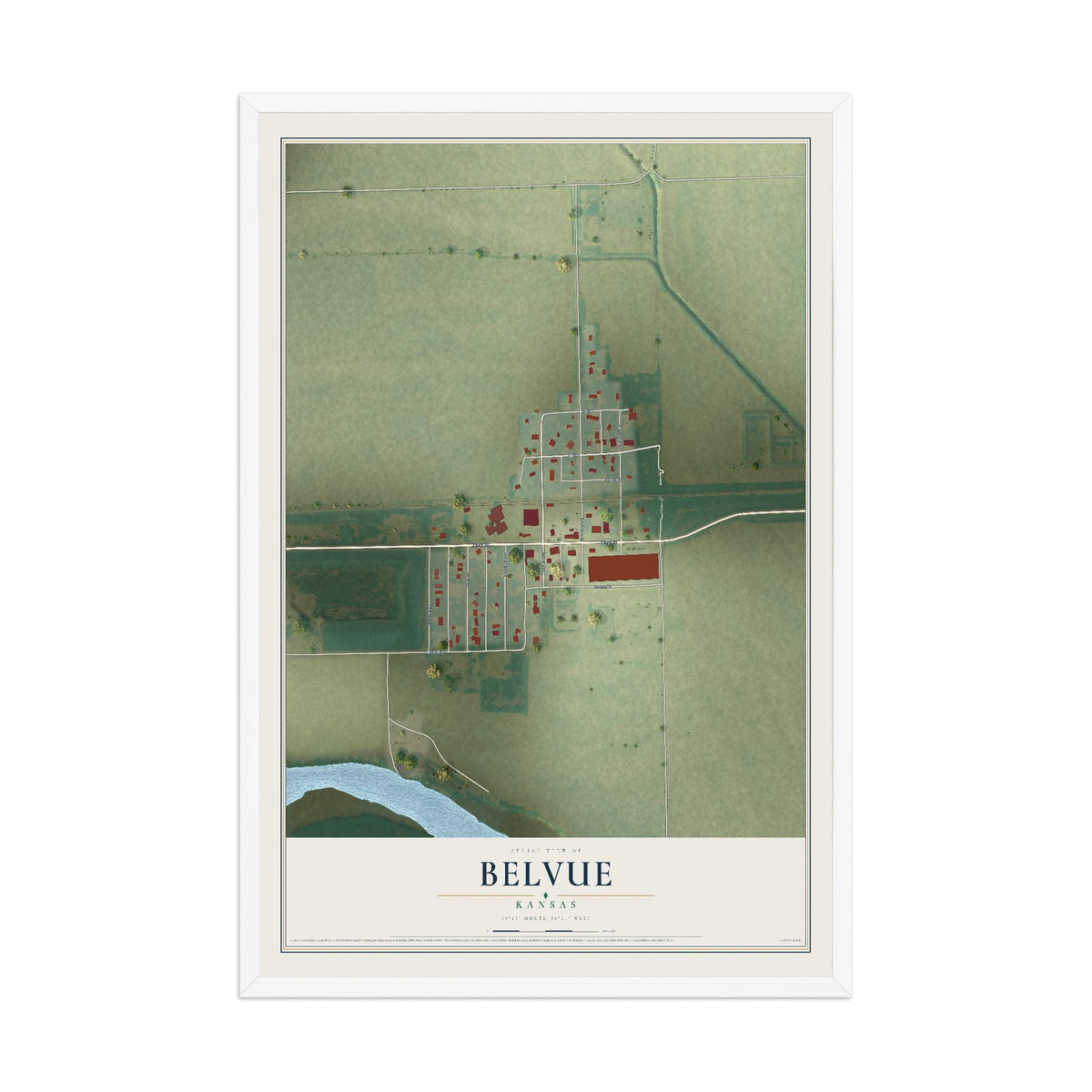 Map of Belvue, Kansas, 12 x 18 inch print in a white wood frame