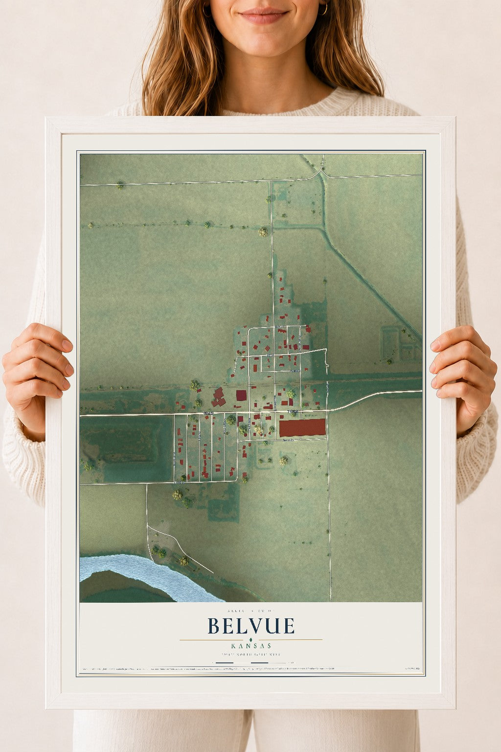 Map of Belvue, Kansas, 18 x 24 inch print in a white wood frame