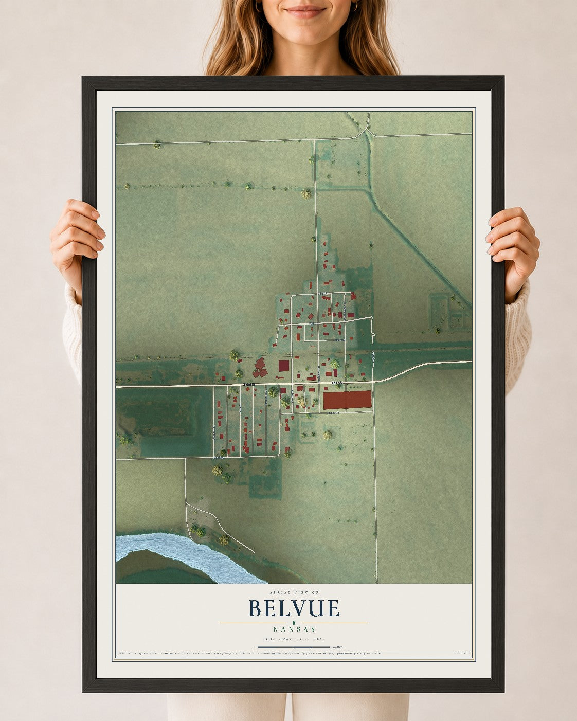 Map of Belvue, Kansas, 24 x 36 inch print in a black wood frame