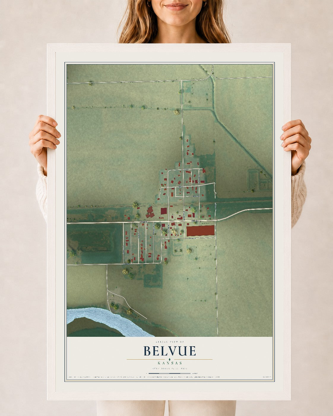 Map of Belvue, Kansas, 24 x 36 inch print in a white wood frame