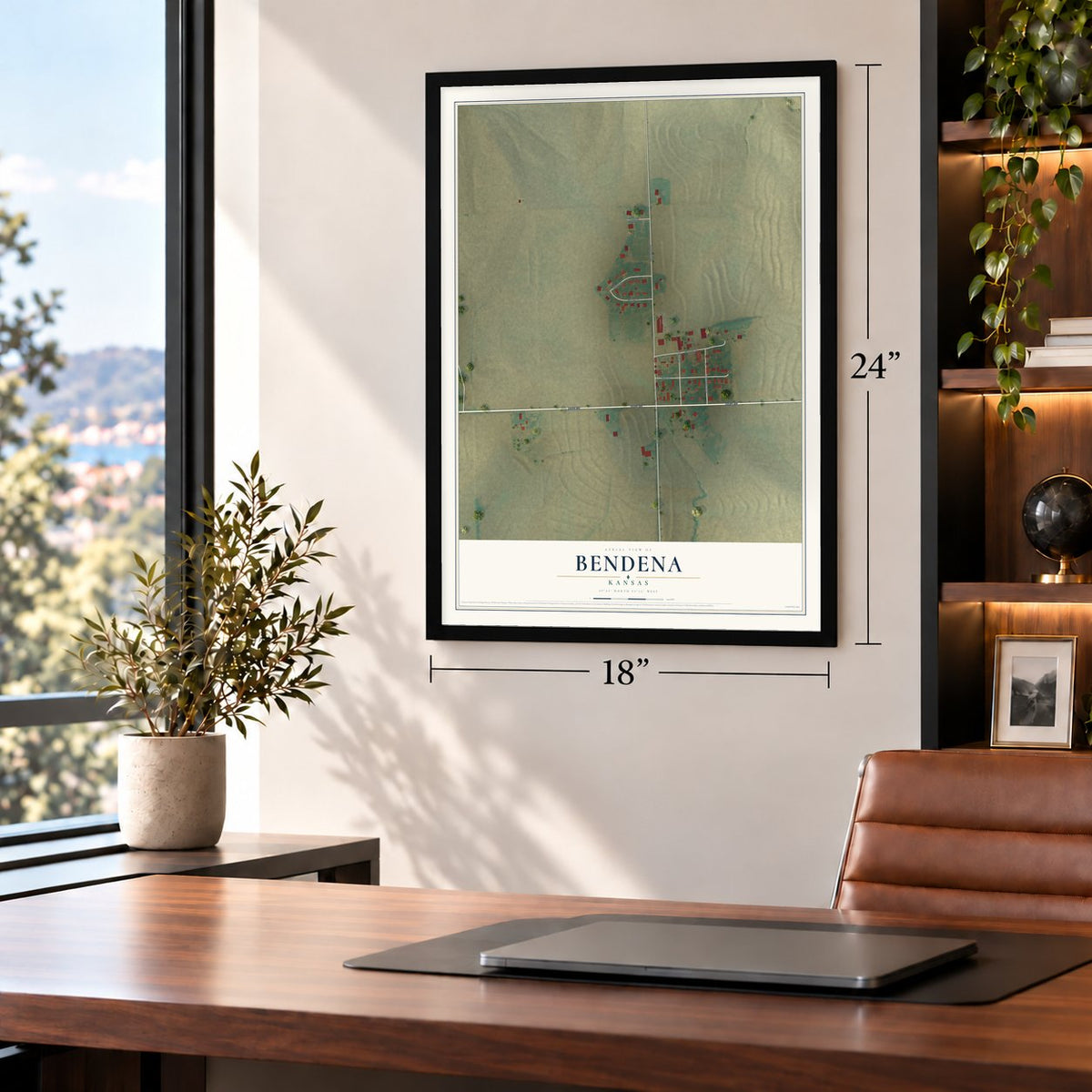 Bendena, Kansas map, 18 x 24 inch print in a black frame in a home office