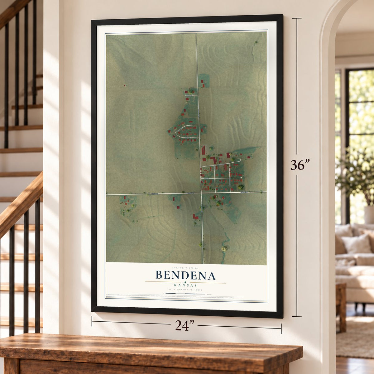 Bendena, Kansas map, 24 x 36 inch print in a black frame by a staircase