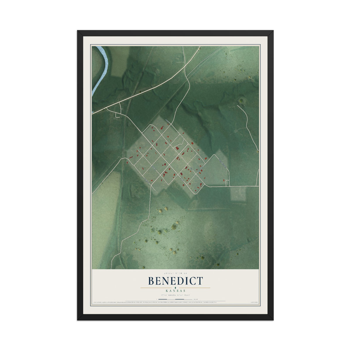 Map of Benedict, Kansas, 12 x 18 inch print in a black wood frame