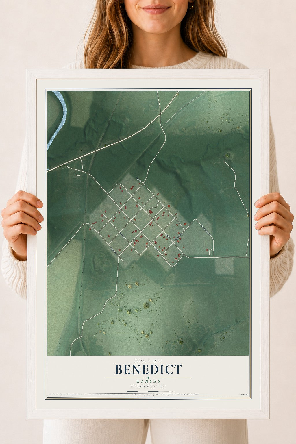 Map of Benedict, Kansas, 18 x 24 inch print in a white wood frame