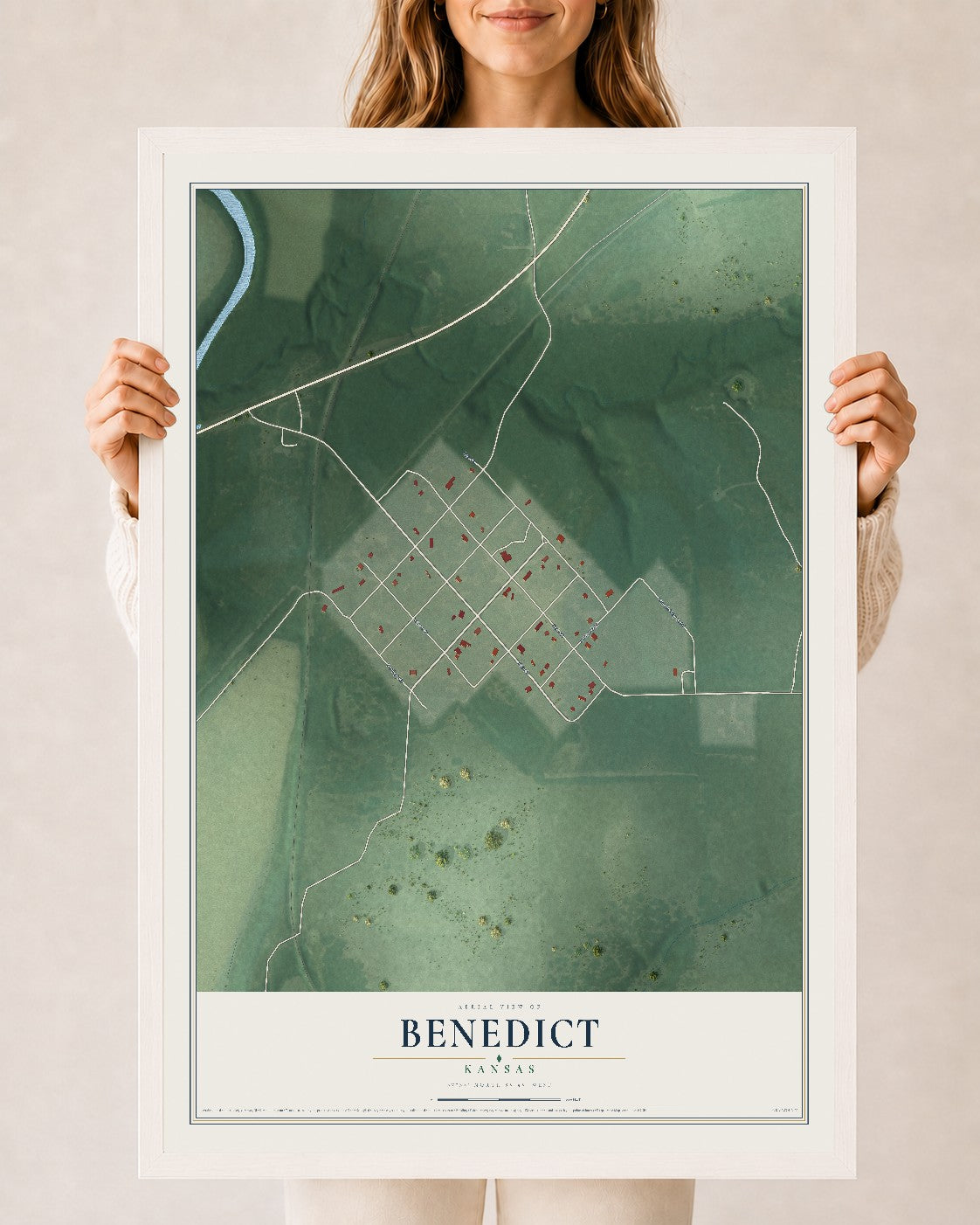 Map of Benedict, Kansas, 24 x 36 inch print in a white wood frame