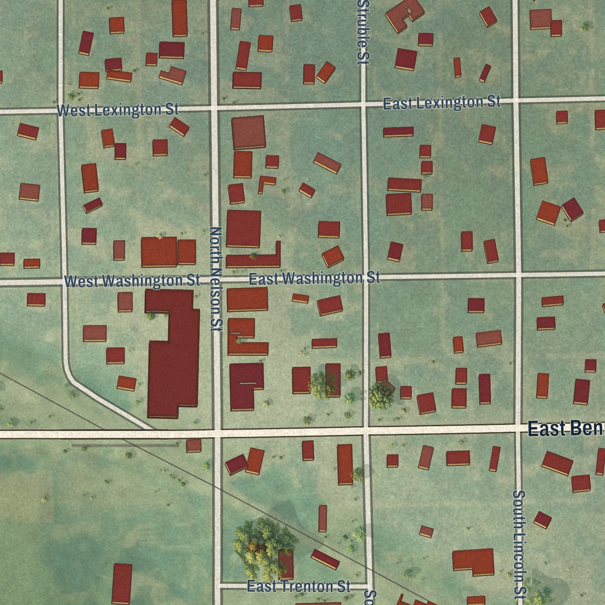Close-up of the map of Bennington, Kansas print showing street and building detail