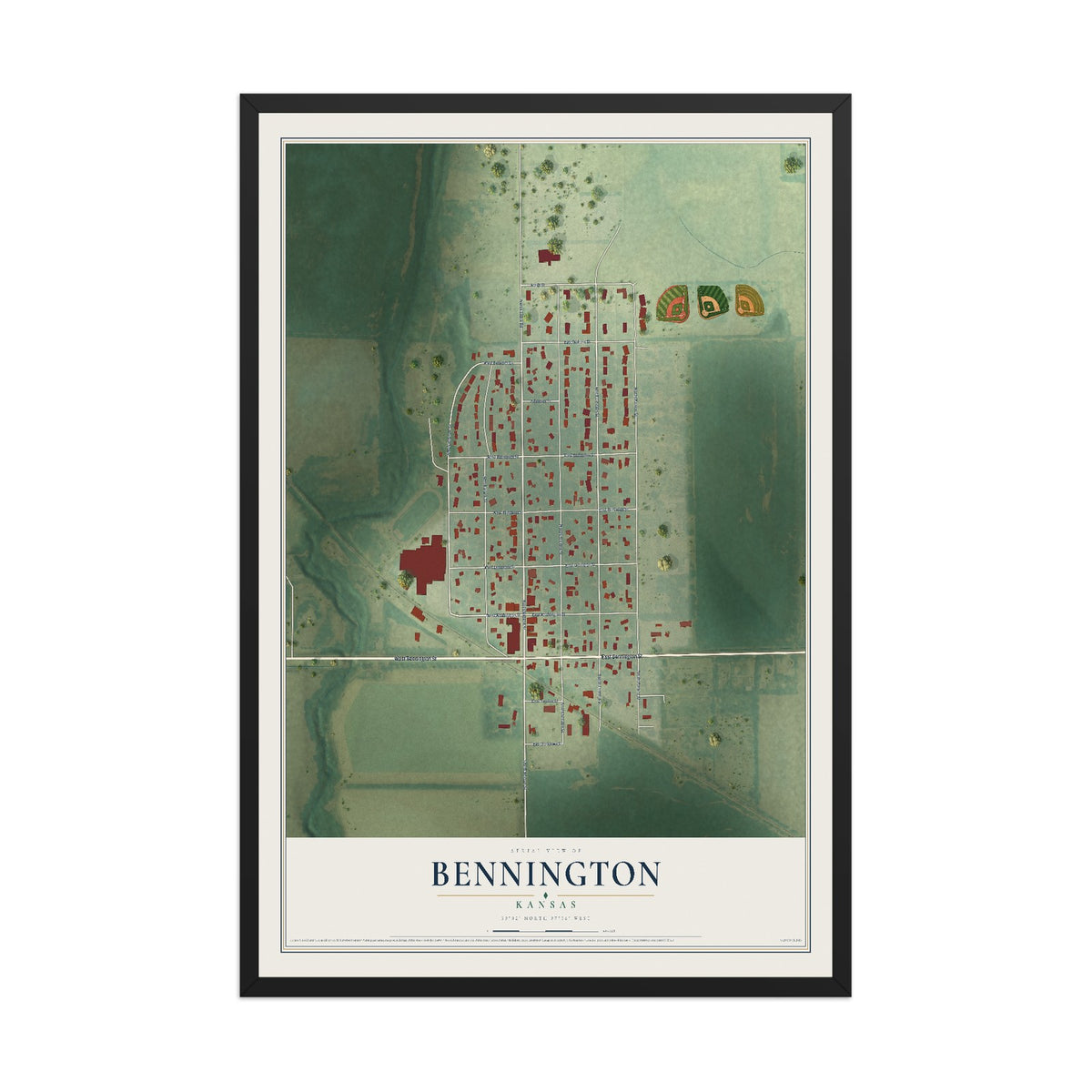 Map of Bennington, Kansas, 12 x 18 inch print in a black wood frame