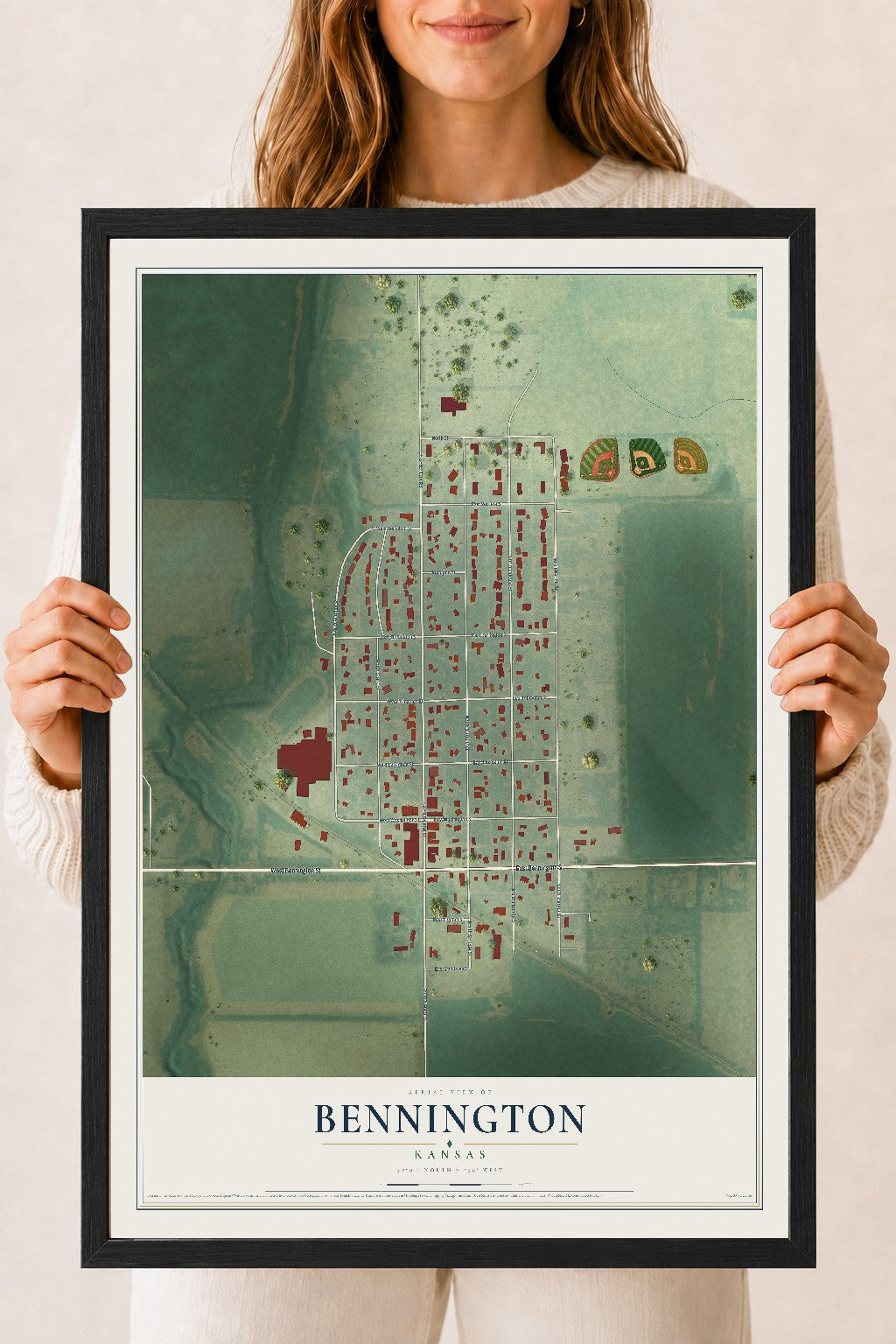 Map of Bennington, Kansas, 18 x 24 inch print in a black wood frame