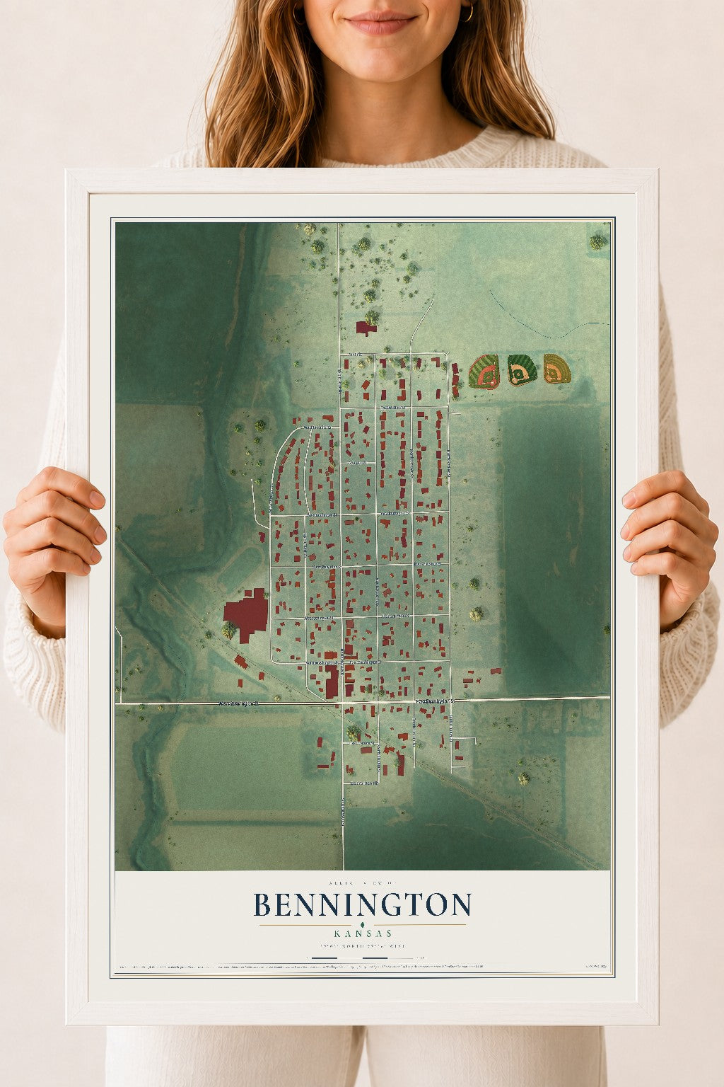 Map of Bennington, Kansas, 18 x 24 inch print in a white wood frame
