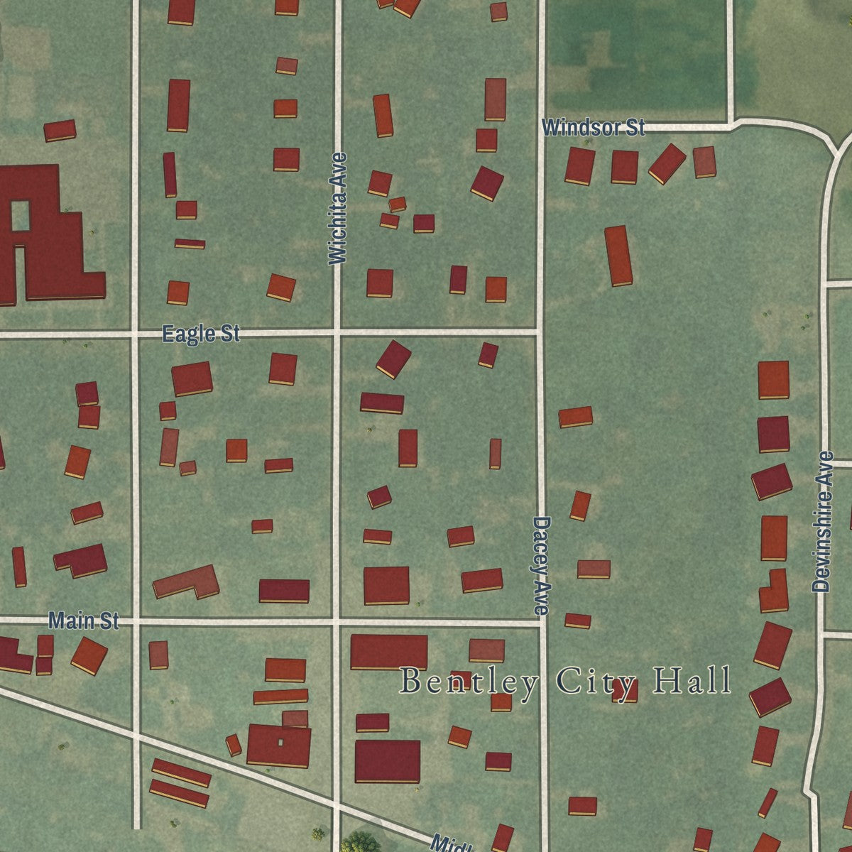 Close-up of the map of Bentley, Kansas print showing street and building detail
