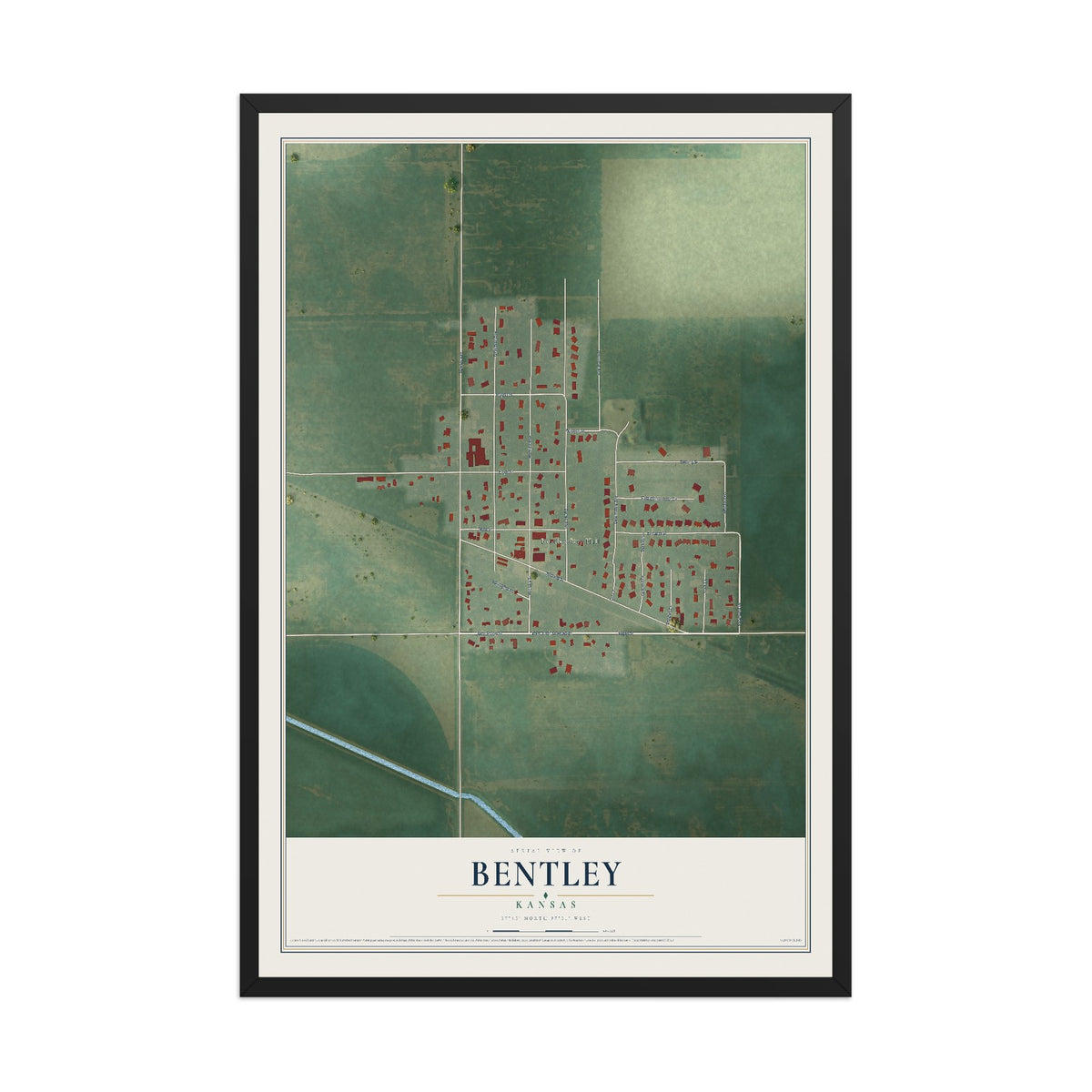 Map of Bentley, Kansas, 12 x 18 inch print in a black wood frame