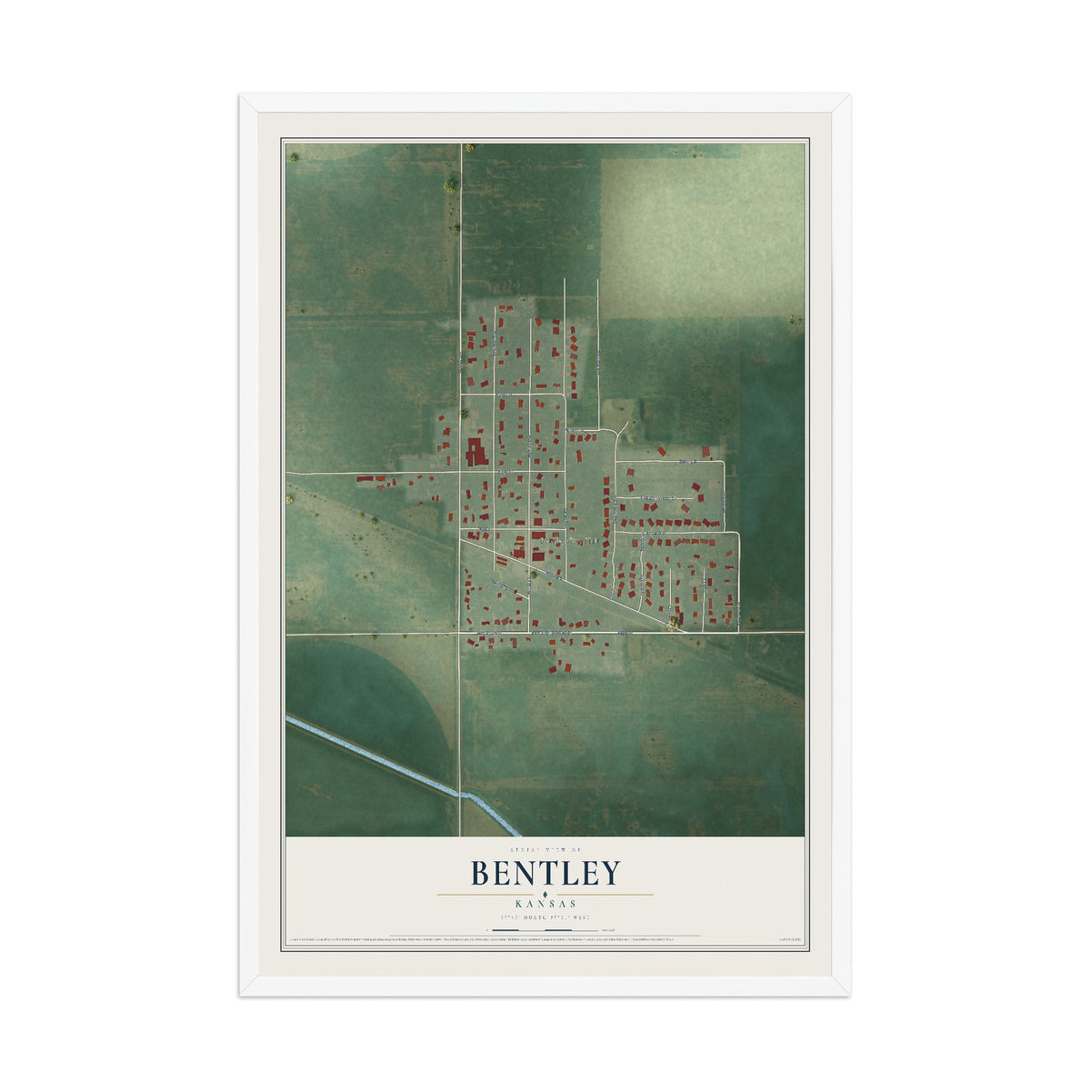 Map of Bentley, Kansas, 12 x 18 inch print in a white wood frame