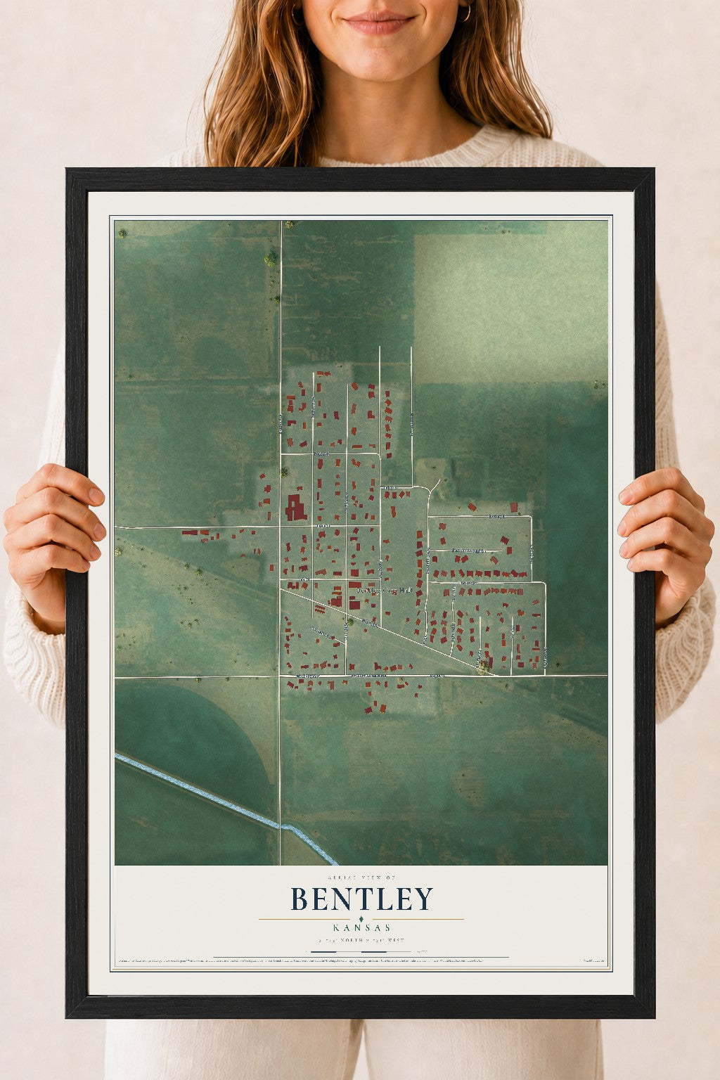 Map of Bentley, Kansas, 18 x 24 inch print in a black wood frame