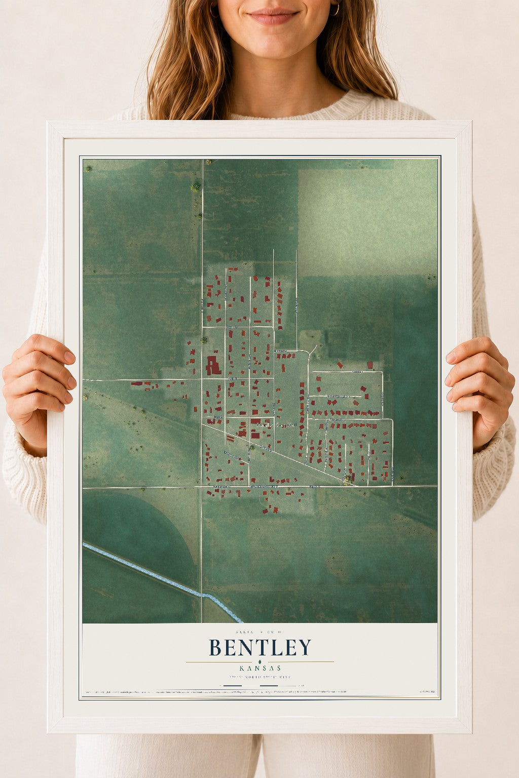Map of Bentley, Kansas, 18 x 24 inch print in a white wood frame