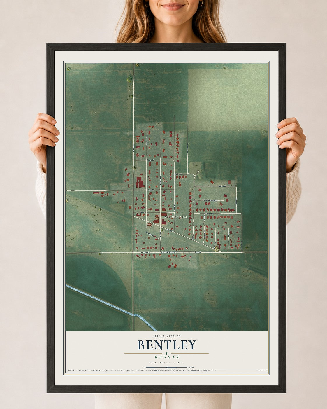 Map of Bentley, Kansas, 24 x 36 inch print in a black wood frame