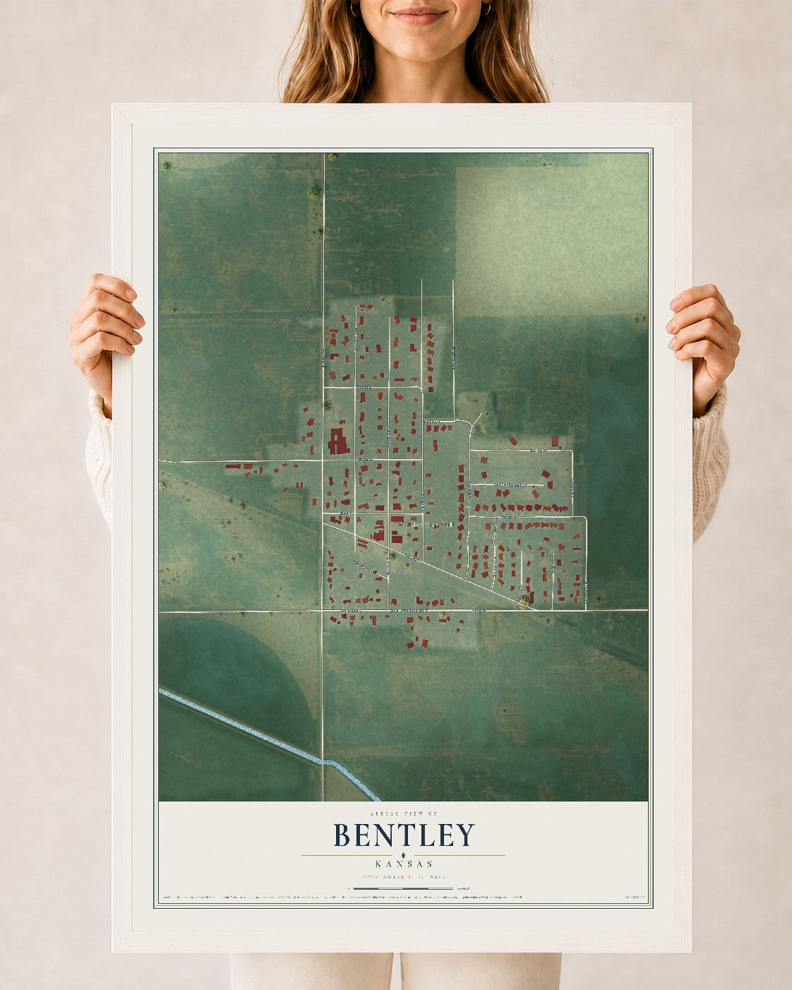 Map of Bentley, Kansas, 24 x 36 inch print in a white wood frame