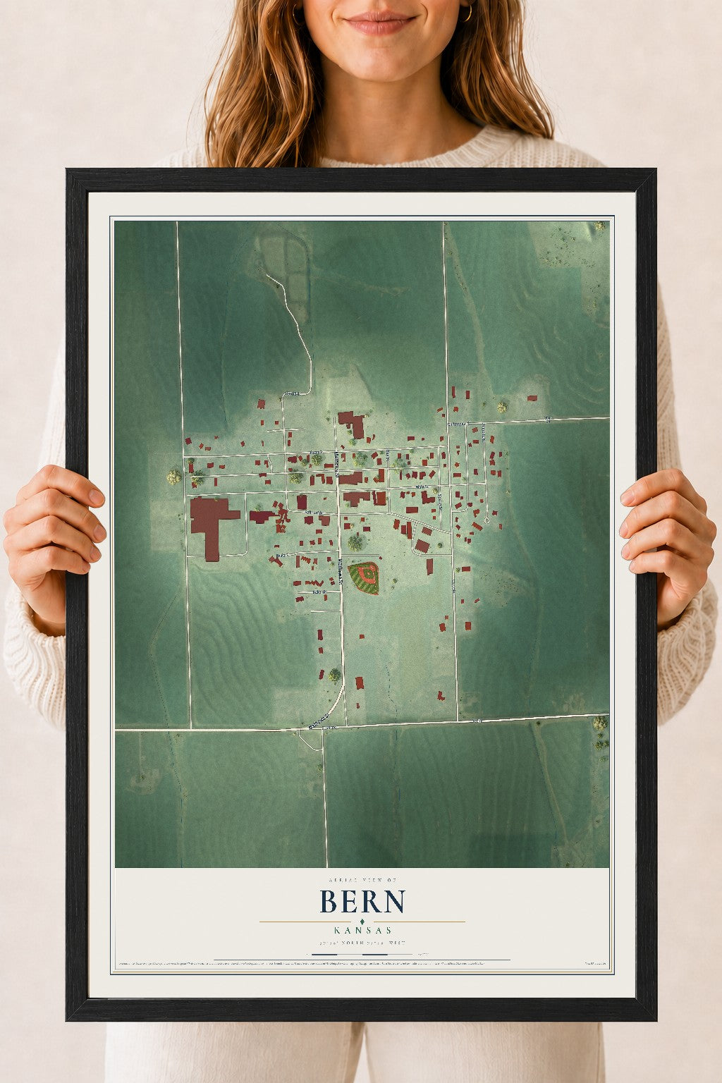 Map of Bern, Kansas, 18 x 24 inch print in a black wood frame