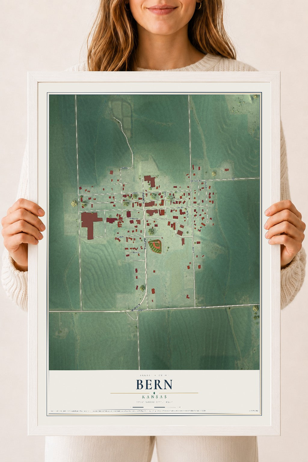 Map of Bern, Kansas, 18 x 24 inch print in a white wood frame