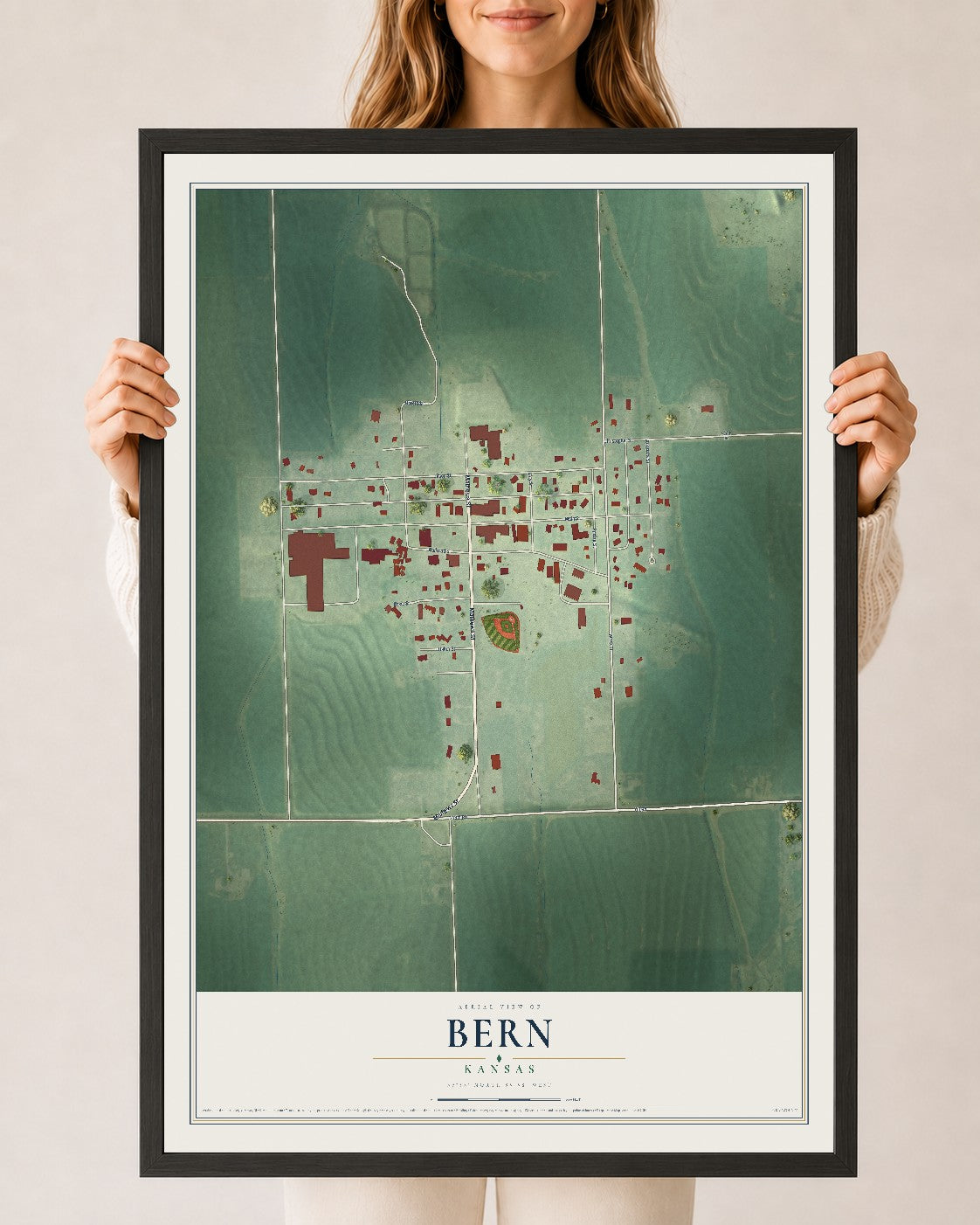 Map of Bern, Kansas, 24 x 36 inch print in a black wood frame