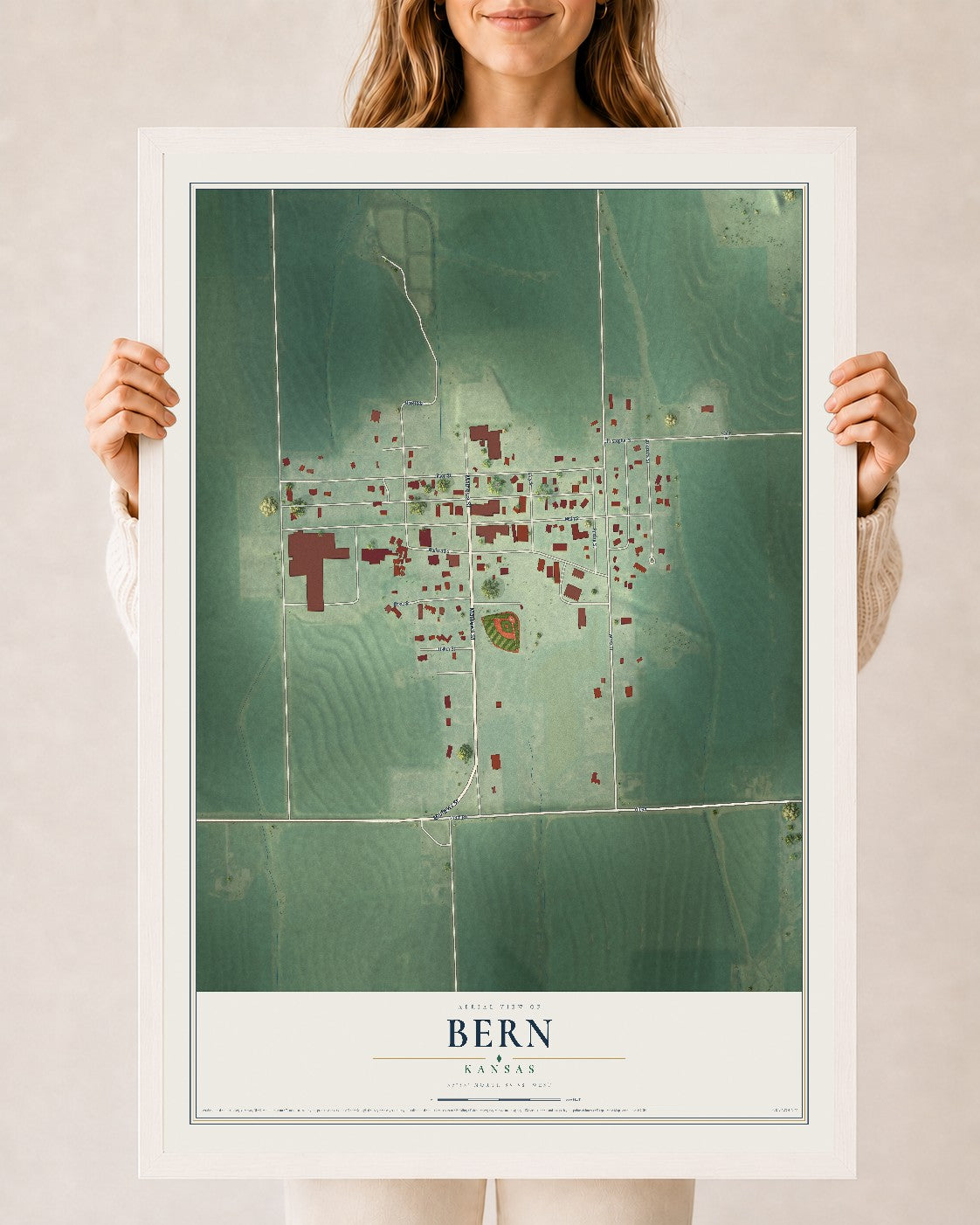 Map of Bern, Kansas, 24 x 36 inch print in a white wood frame