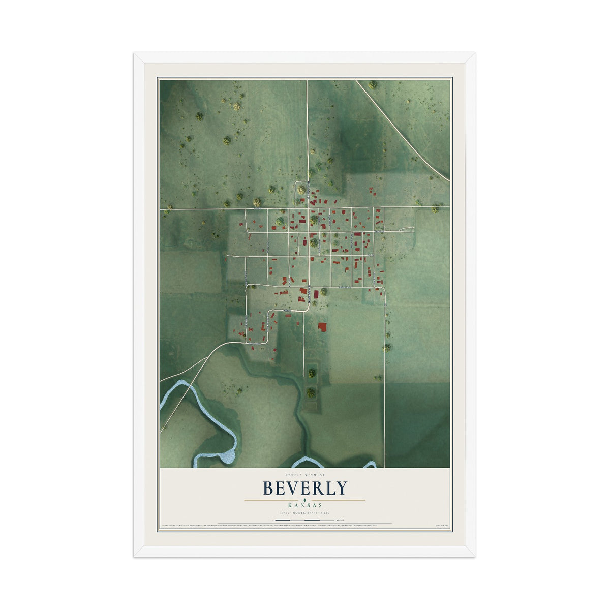 Map of Beverly, Kansas, 12 x 18 inch print in a white wood frame