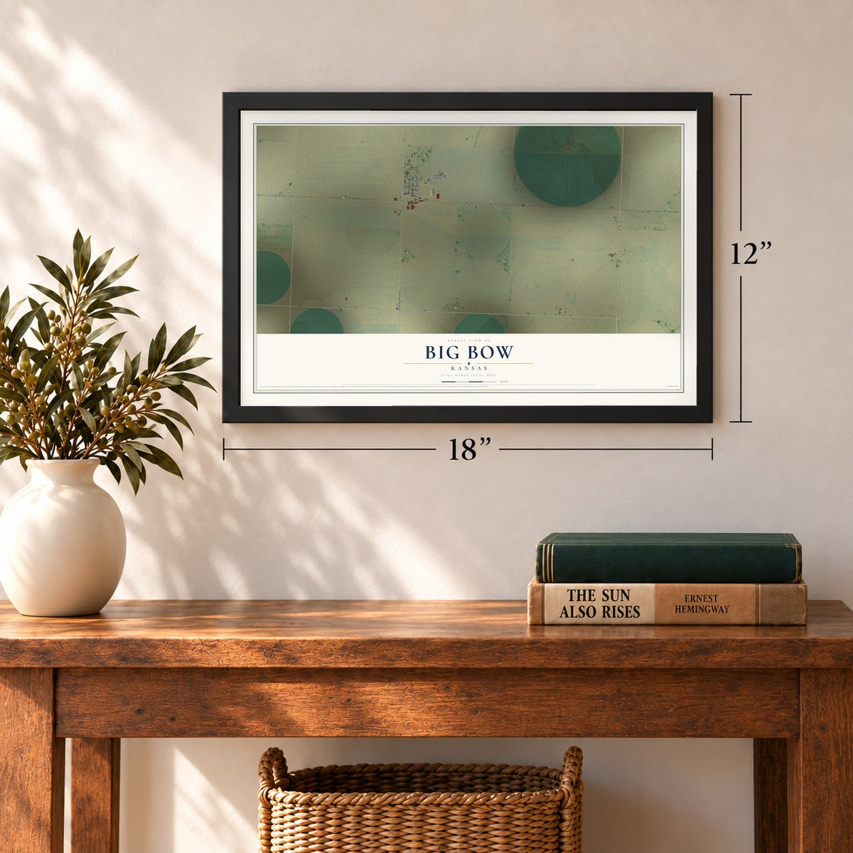 Big Bow, Kansas map, 12 x 18 inch print in a black frame in an entryway