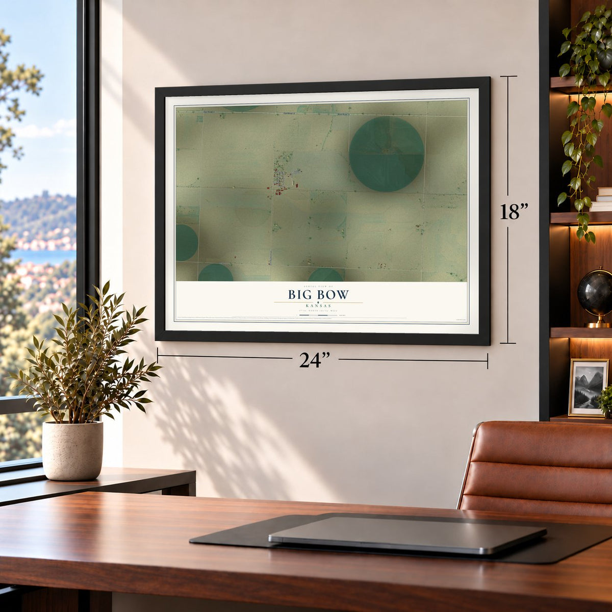 Big Bow, Kansas map, 18 x 24 inch print in a black frame in a home office