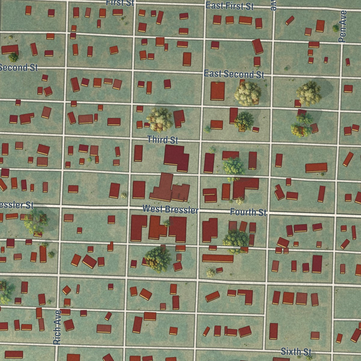 Close-up of the map of Bird City, Kansas print showing street and building detail