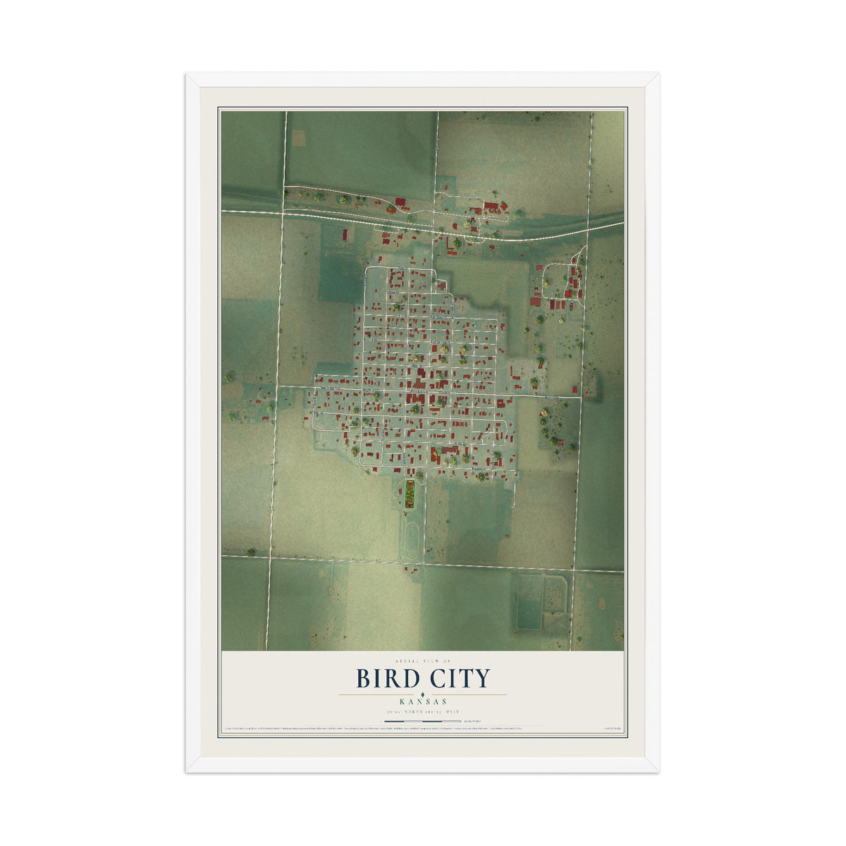 Map of Bird City, Kansas, 12 x 18 inch print in a white wood frame