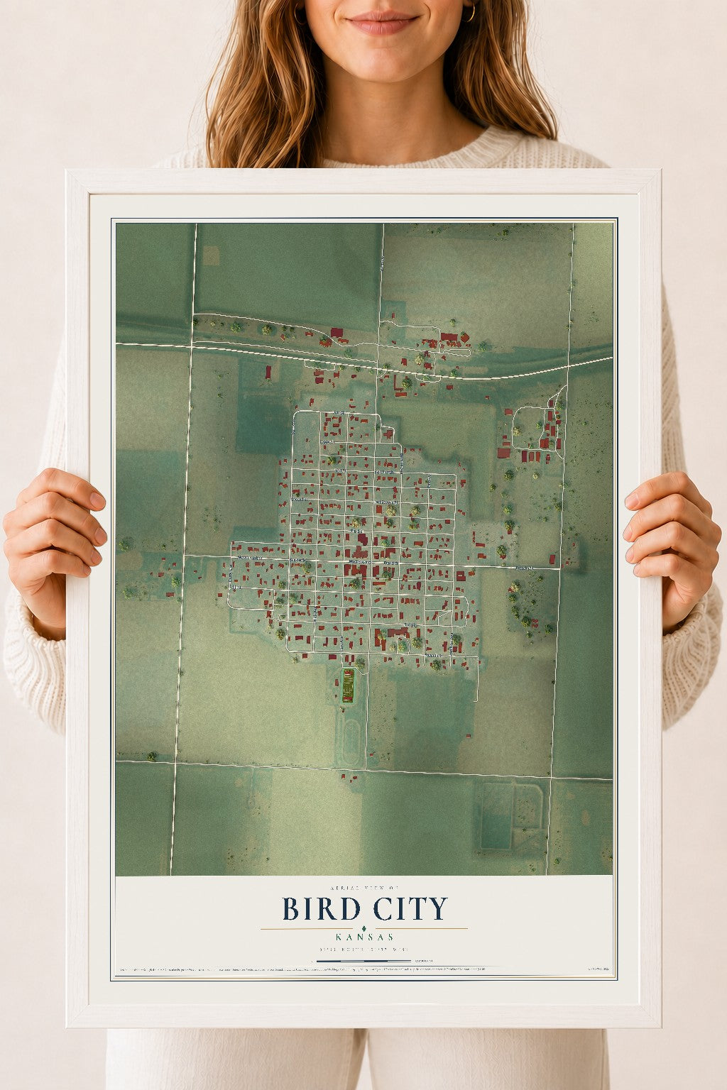Map of Bird City, Kansas, 18 x 24 inch print in a white wood frame