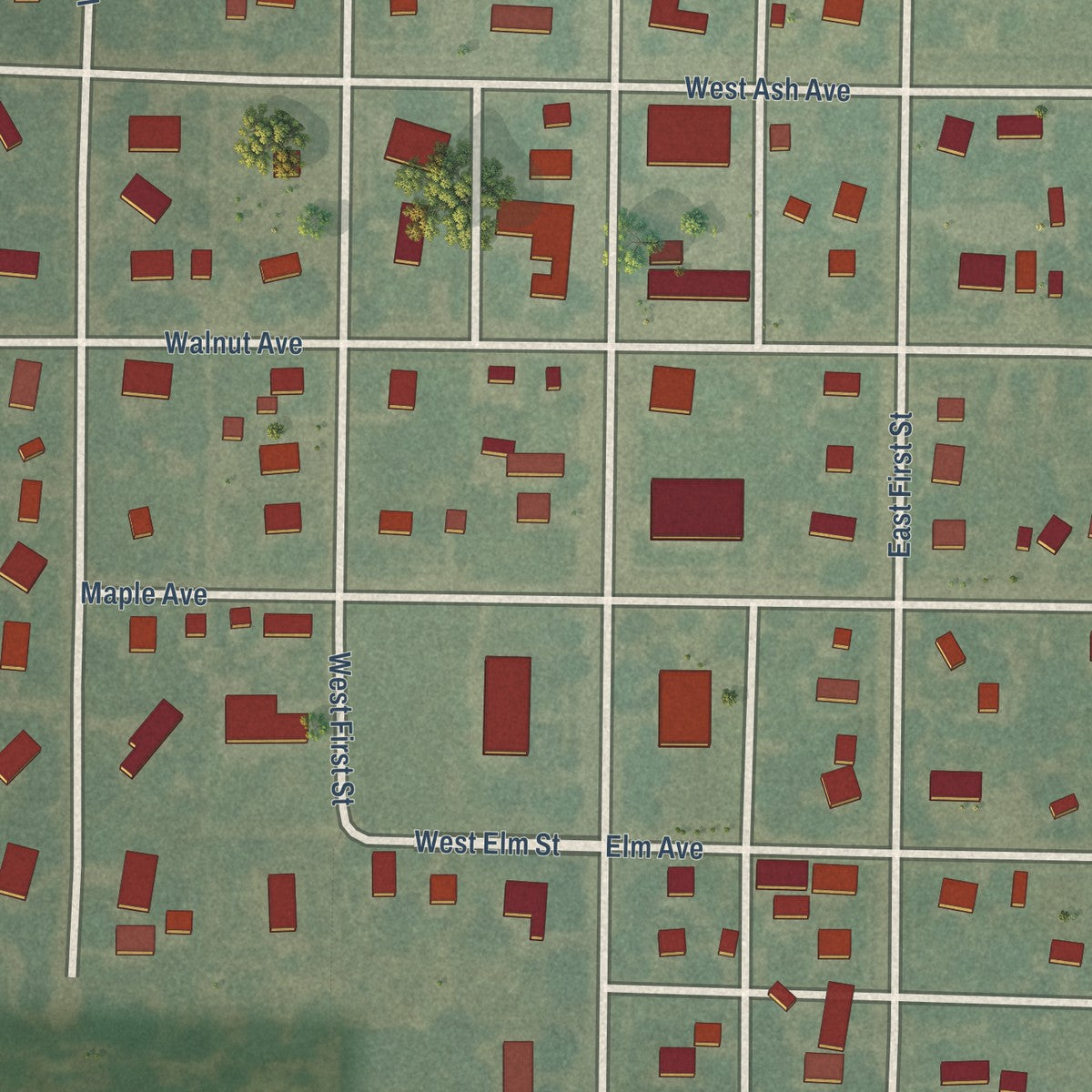 Close-up of the map of Bison, Kansas print showing street and building detail