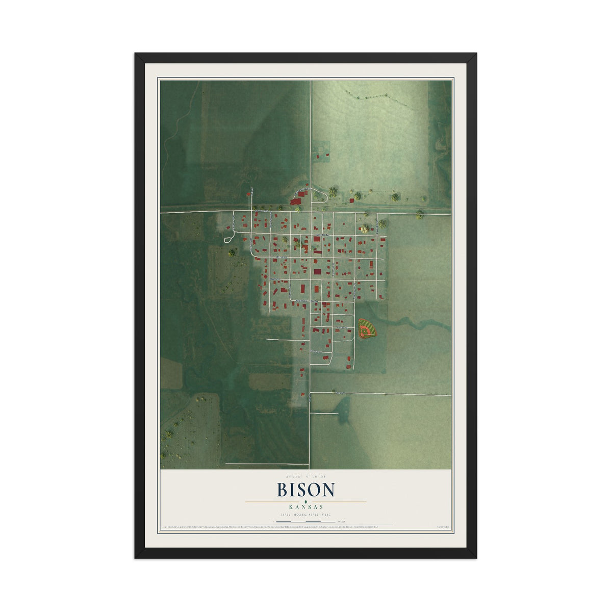 Map of Bison, Kansas, 12 x 18 inch print in a black wood frame