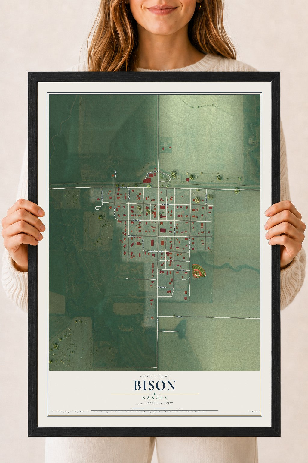 Map of Bison, Kansas, 18 x 24 inch print in a black wood frame