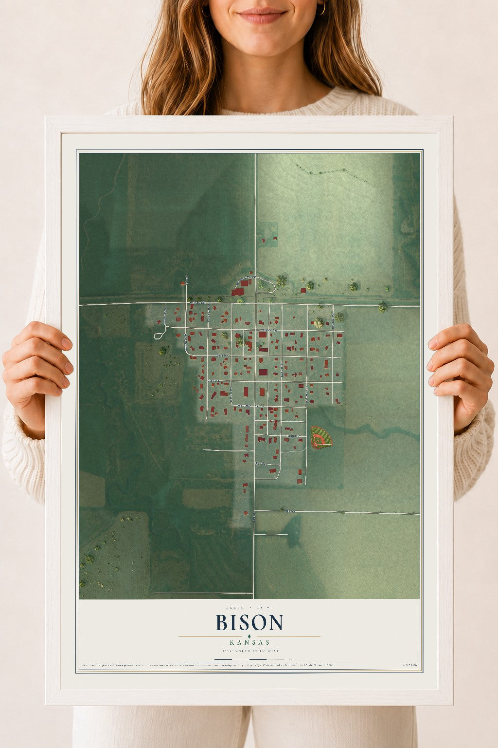 Map of Bison, Kansas, 18 x 24 inch print in a white wood frame